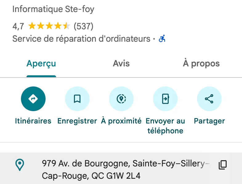 Fiche Google Business Informatique Ste-Foy